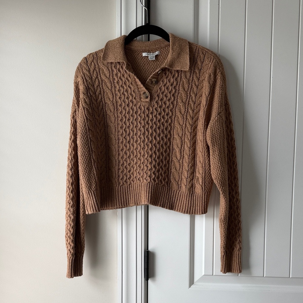 American Eagle Outfitters Collared Cable Knit Sweater - Brown